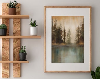 Impression abstraite de paysage de Boho, art de mur d'arbres de pin de lac de Boho, paysage abstrait, décor de mur minimal moderne de nature, art abstrait de mur de boho