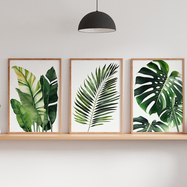 Tropical Leaf Prints, Monstera Leaf Print, 3 Piece Wall Decor, Botanical Print, Tropical Palm Leaf Wall Art, Monstera Poster, Tropical Plant