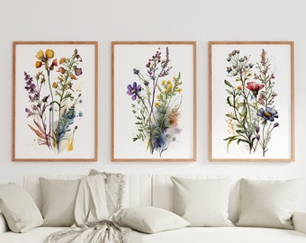 Aquarell botanischer Druck 3er Set, druckbare Blumenkunst, Galeriewandkunst, Wildblumenkunst, florale Bauernhauskunst, moderne Hauswanddekor