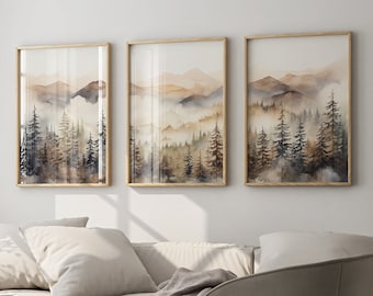 Forest Landscape Print Set of 3, Fall Forest Watercolor Wall Art, Nature Prints,Modern Minimal Wall Decor,Nature Watercolor Gallery Wall Art