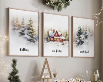 Winter Wunderland Drucke 3er Set Winterlandschaft Drucke Winterwald Drucke Weihnachten Printables Urlaub Wandkunst Verschneite Kiefer Bäume