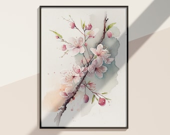 Impresión de acuarela de flor de cerezo, arte mural botánico (descarga digital)