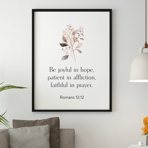 Romans 12:12 Wall Print, Bible Verse Wall Art, Floral Christian Wall Decor, Living Room Scripture Print, Botanical Farmhouse Wall Print