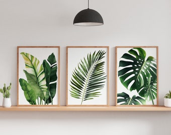 Tropical Leaf Prints, Monstera Leaf Print, 3 Piece Wall Decor, Botanical Print, Tropical Palm Leaf Wall Art, Monstera Poster, Tropical Plant