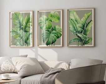Tropische Aquarellblätter 3er-Set Exotisches Grün Banane Monstera Palmenblätter Minimalistisches Dekor Strandhaus Kunstwerk Botanische Drucke