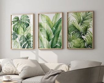 Tropical Watercolor Leaves Set of 3 Prints Exotic Greenery Banana Monstera Palm Leaves Minimalist Decor Beach House Artwork Botanical Prints