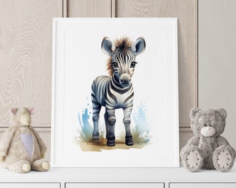 Baby Zebra Watercolor Nursery Print, Safari Animal Art (Digital Download)