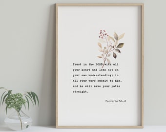 Proverbs 3:5-6 Floral Bible Verse Print, Christian Wall Decor (Digital Download)