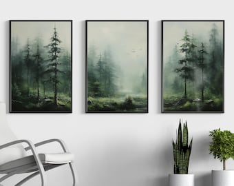 Green Foggy Forest Wall Prints Set of 3, Forest Printable Art, Landscape Wall Decor, Nature Art Prints, Forest Wall Print, Woods Wall Prints