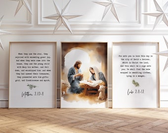 May include: A set of two watercolor paintings depicting the Nativity scene with the text "When they saw the star, they rejoiced with exceeding great joy. And when they were come into the house, they saw the young child with Mary his mother, and fell down, and worshipped him: and when they had opened their treasures, they presented unto his gifts: gold, and frankincense and myrrh. Matthew 2:10-11" and "For unto you is born this day in the city of David a Saviour, which is Christ the Lord. And this shall be a sign unto you; Ye shall find the babe wrapped in swaddling clothes, lying in a manger. Luke 2:11-12"