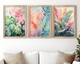 Tropische bladafdrukken Monstera bladprint 3-delig wanddecor Botanische print Tropische palmblad muurkunst Monstera poster Tropische plantenprint
