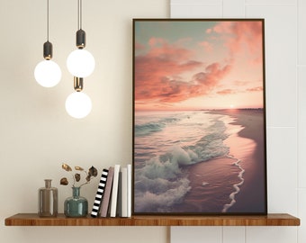 Coastal Beach Sunset Print, Pink Sky Seascape (Digital Download)