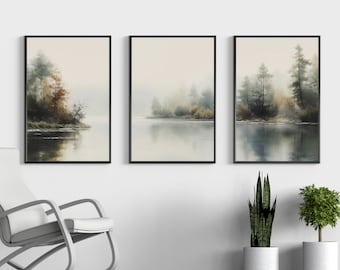 Vintage Foggy Lake Wall Prints Set of 3, Forest Printable Art, Landscape Wall Decor, Nature Art Prints, Lake Wall Prints, Nature Wall Art