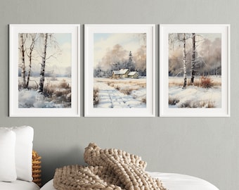 Winter Landschaft Drucke 3er Set Winter Wald Drucke Weihnachten Bauernhaus Drucke Weihnachten Printables Urlaub Wand Kunst Gemütliche Winter Printables