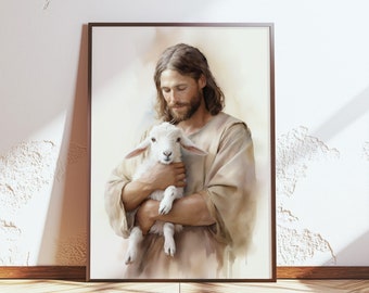 Väggkonst med det förlorade lammet Jesus och lamm Jesus håller det förlorade lammet Den gode herden Jesus barnrumsväggkonst Den levande Kristus Bibelkonst