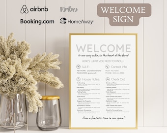 Editable Airbnb Vrbo Welcome Sign Template Vacation Rental Printable Guest Arrival Poster WIFI Sign House Rules Welcome Sign Canva Template