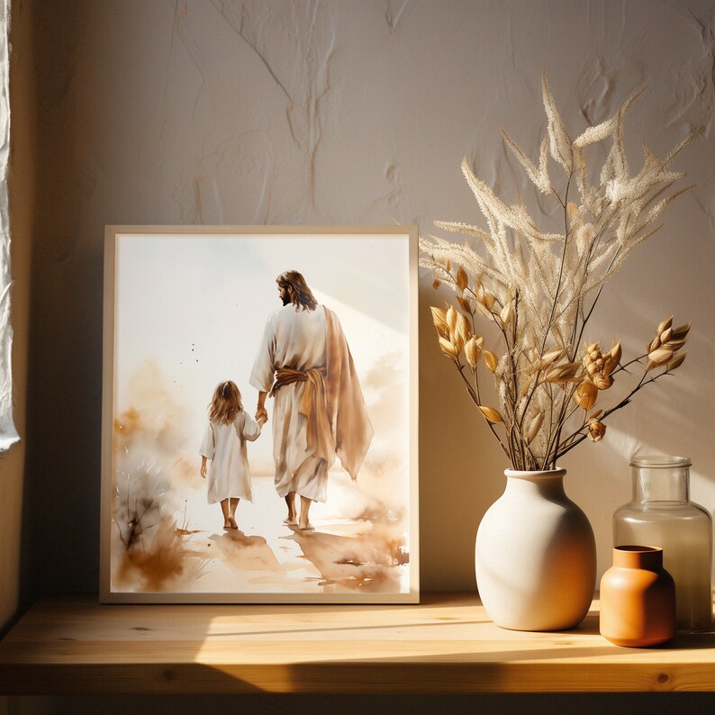 Jesus går med en flicka, gå med Jesus, Jesus-väggkonst, bibelkonst, kristen väggdekoration för barnrum, Jesus-väggkonst för barnrum, Jesus, min Frälsare, tryck bild 3