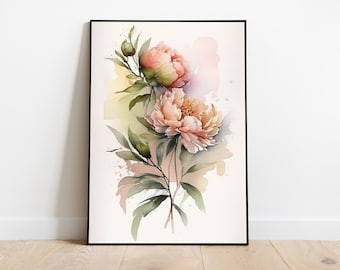 Watercolor Botanical Print, Floral Printable Art, Gallery Wall art, Watercolor Peonies Art, Floral Art, Instant download digital print