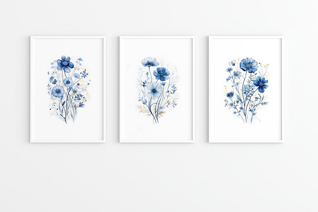 Watercolor Wildflowers Wall Prints,blue Floral Prints Set of 3 ...