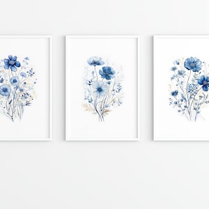 Watercolor Wildflowers Wall Prints,Blue Floral Prints Set of 3,Botanical Wall Art,Farmhouse Floral Wall Art,Watercolor Flower Print Set of 3