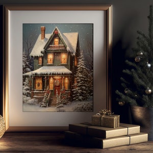 Vintage Christmas Print, Vintage Christmas Wall Art, Christmas Wall Decor, Christmas Gift Idea, Winter House Painting, Christmas Wall Print