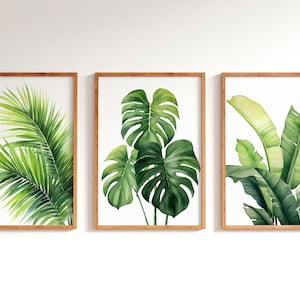 Tropical Leaf Prints, Monstera Leaf Print, 3 Piece Wall Decor, Botanical Print, Tropical Palm Leaf Wall Art, Monstera Poster, Tropical Plant