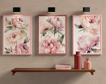 Peonies Watercolor Print Set, Floral Gallery Wall Art (Digital Download)