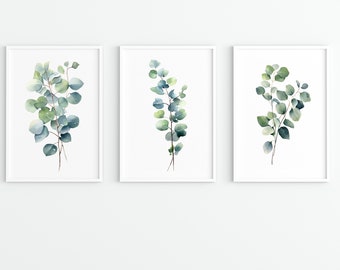 Set di 3 arte da parete di eucalipto, arte da parete botanica, decorazione da parete di eucalipto, decorazione da parete del soggiorno, arte da parete di eucalipto acquerello, decorazione della camera da letto