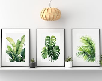 Tropisches Blatt, Monstera Blattdruck, Wanddekoration 3-teilig, Botanischer Druck, Tropische Palme Wandkunst, Monstera Poster, Tropische Pflanze