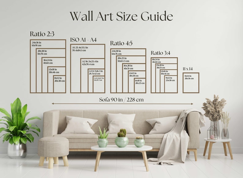 K&ouml;nnte beinhalten: Ein Wandkunst-Gr&ouml;&szlig;enleitfaden mit verschiedenen Verh&auml;ltnissen und Ma&szlig;en in Zoll und Zentimetern. Der Leitfaden zeigt die Gr&ouml;&szlig;e von Kunstwerken, die gut &uuml;ber einem 90 Zoll langen Sofa aussehen w&uuml;rden.