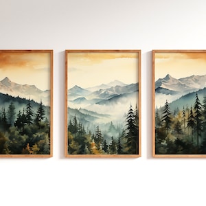 Watercolor Mountains Wall Prints Set of 3, Forest Printable Art, Watercolor Landscape Wall Decor, Nature Art Prints, Mountains Wall Print