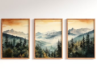 Watercolor Mountains Wall Prints Set of 3, Forest Printable Art, Watercolor Landscape Wall Decor, Nature Art Prints, Mountains Wall Print