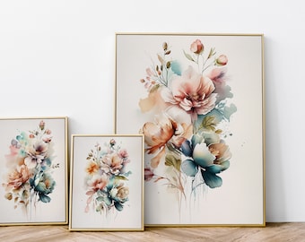 Watercolor Floral Print Set of 3, Botanical Gallery Wall Art (Digital Download)