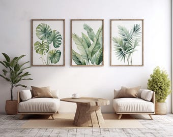 Tropische Aquarellblätter 3er-Set Exotisches Grün Banane Monstera Palmenblätter Minimalistisches Dekor Strandhaus Kunstwerk Botanische Drucke