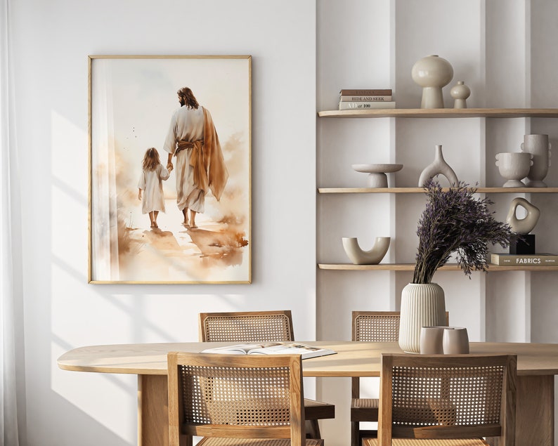 Jesus går med en flicka, gå med Jesus, Jesus-väggkonst, bibelkonst, kristen väggdekoration för barnrum, Jesus-väggkonst för barnrum, Jesus, min Frälsare, tryck bild 1
