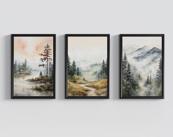 Set di stampe di paesaggi ad acquerello di 3, arte da parete naturale, stampe Boho, decorazioni murali moderne e minimali, set di arte da parete di galleria di paesaggi ad acquerello di 3