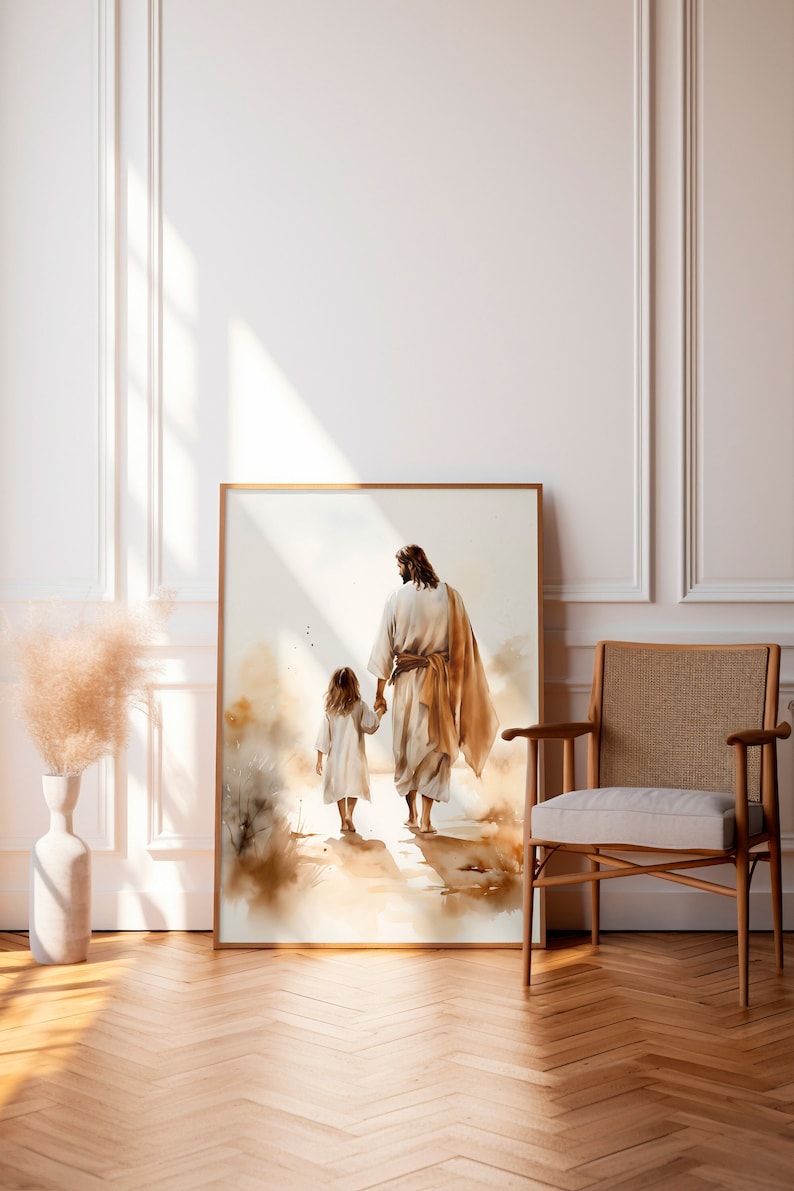Jesus går med en flicka, gå med Jesus, Jesus-väggkonst, bibelkonst, kristen väggdekoration för barnrum, Jesus-väggkonst för barnrum, Jesus, min Frälsare, tryck bild 2