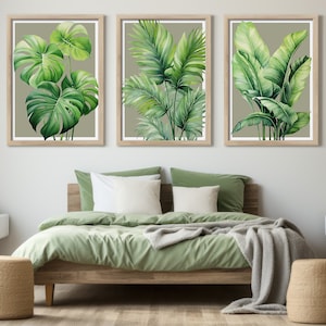 Tropical Watercolor Leaves Set of 3 Prints Exotic Greenery Banana Monstera Palm Leaves Minimalist Decor Beach House Artwork Botanical Prints