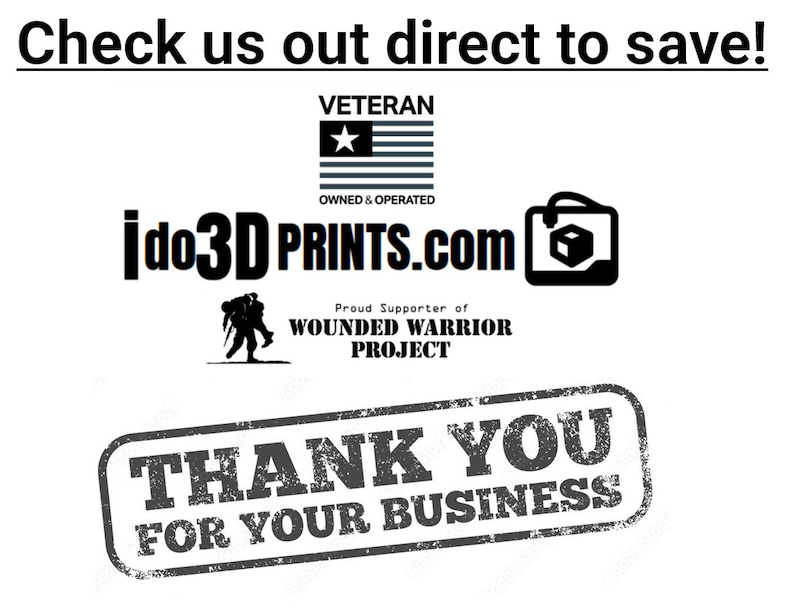 May include: Black and white logo for ido3D PRINTS.com, a veteran owned and operated business. The logo includes a stylized 3D printer icon and the text "ido3D PRINTS.com". The logo also includes a small American flag with a star in the upper left corner and the text "VETERAN OWNED & OPERATED". Below the logo is a black and white image of a soldier carrying another soldier. The text "Proud Supporter of WOUNDED WARRIOR PROJECT" is below the image. A black and white stamp with the text "THANK YOU FOR YOUR BUSINESS" is at the bottom of the image.