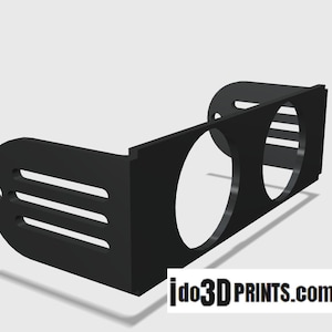 May include: Black plastic gauge mount with two circular cutouts for gauges. The mount has a curved back and a flat front with a series of slots on the side.