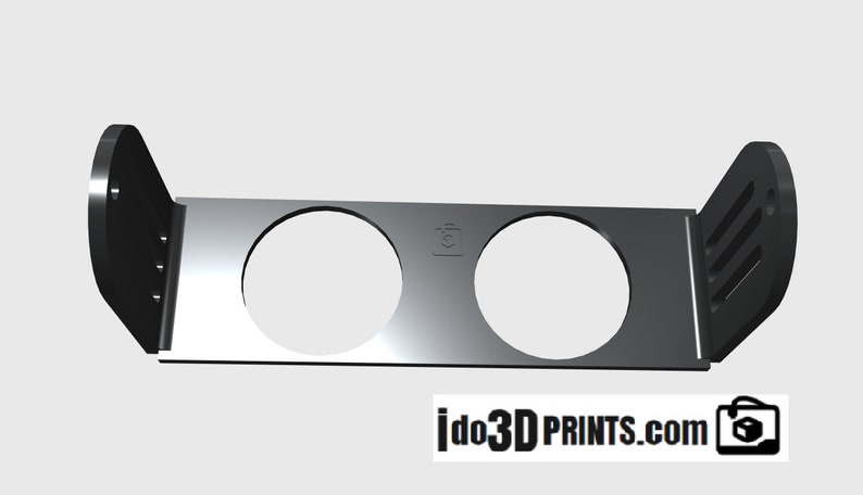 May include: A black metal bracket with two circular cutouts, designed to hold two gauges. The bracket has a logo that says "ido3DPRINTS.com".