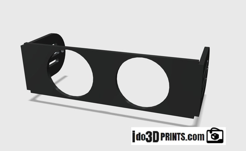 May include: Black plastic gauge pod with two circular cutouts for gauges. The pod is designed to be mounted in a vehicle.