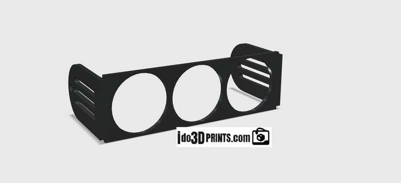 May include: Black plastic gauge pod with three round openings for gauges. The pod has a rectangular shape with a curved edge on one side. The text "ido3DPRINTS.com" is printed on the bottom of the pod.