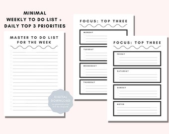 Minimal Weekly To Do List Printable: Top Three Priority List, Entrepreneur Productivity Planner, Printable To Do Template Worksheet, A4, A5