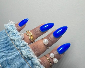 Main Event :Nail Artist. Custom Hand-painted Press-on Gel Nails.neon blue gel nails.Simple.Solid color nail set.Spring nails