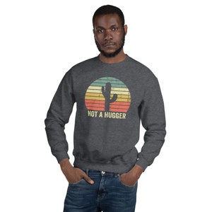 Puede incluir: Una sudadera gris oscuro con un gr&aacute;fico de puesta de sol de estilo vintage que presenta un cactus y el texto "NOT A HUGGER".