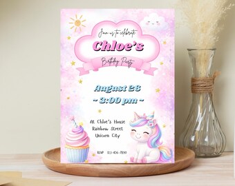 Unicorn Rainbow Girl Birthday Digital Invitation Editable Template, 5x7 Birthday Invitation, Canva Template, Instant Download Printable