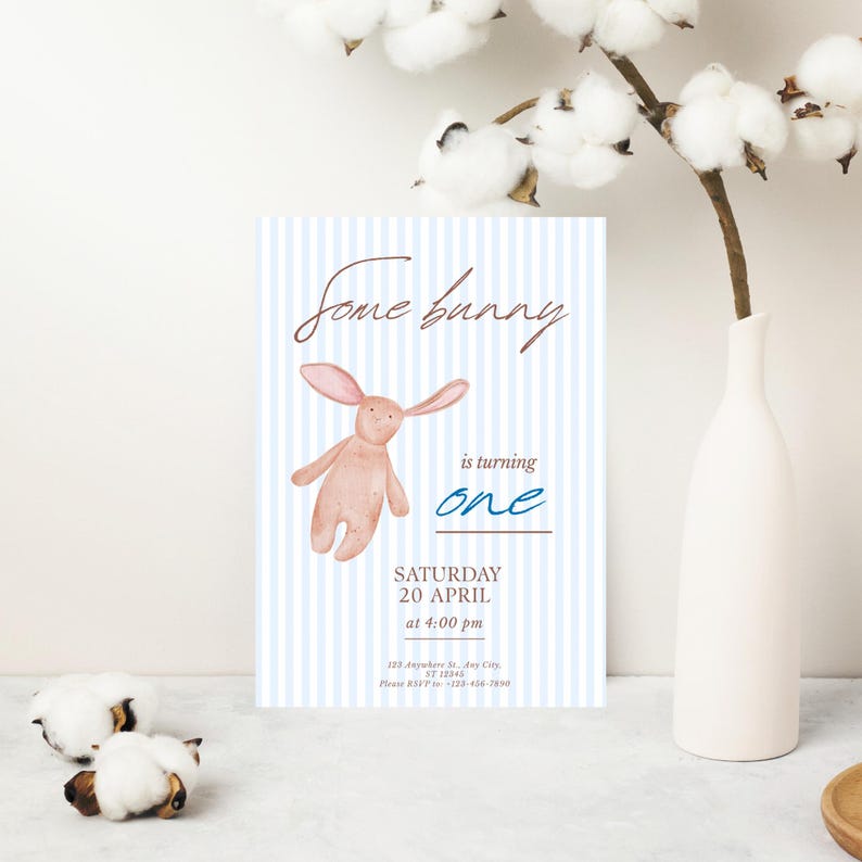Some Bunny Is Turning One Invitation, Boy, First Birthday invitation, Digital invitation, Printable Invitation, Whatsapp, Canva Template 5x7 image 2