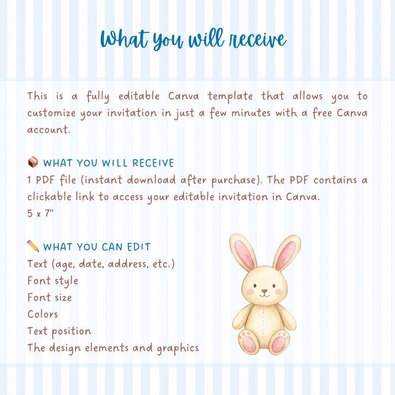 May include: A light blue invitation template with the text "What you will receive". The template includes a PDF file with a link to edit the invitation in Canva. A watercolor illustration of a bunny is also included.