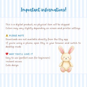 May include: A digital product information sheet with the text "Important informations!" and a cute cartoon bunny illustration. The text explains the product is digital, and downloads are not available directly from the Etsy app.